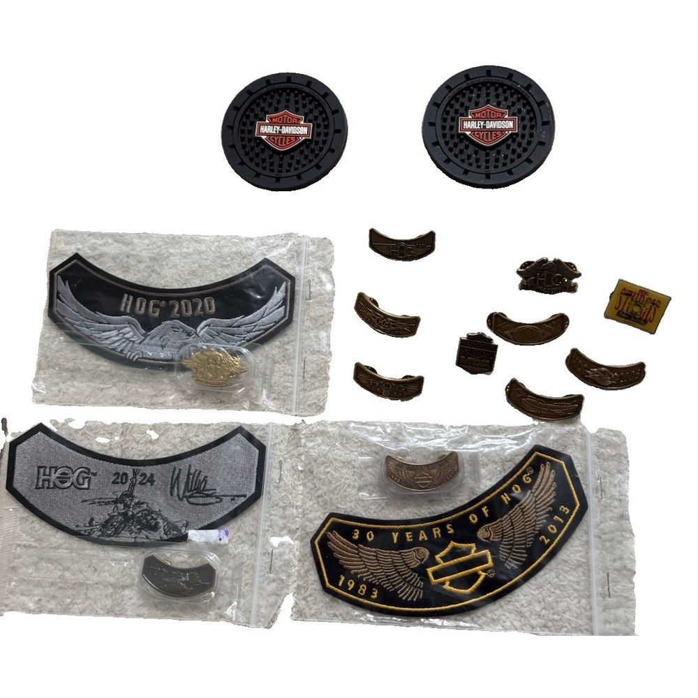 Vintage HOG Harley Davidson Motorcycles Brass Pins And Patches Lot Of 16